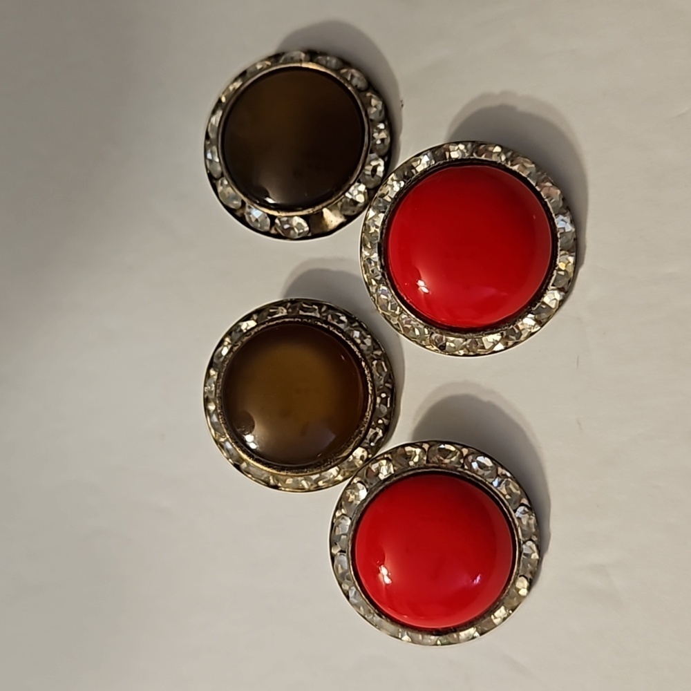 Vintage 2 Prs. Brown, Red & Rhinestones Button Silvertone Clip-on Earrings